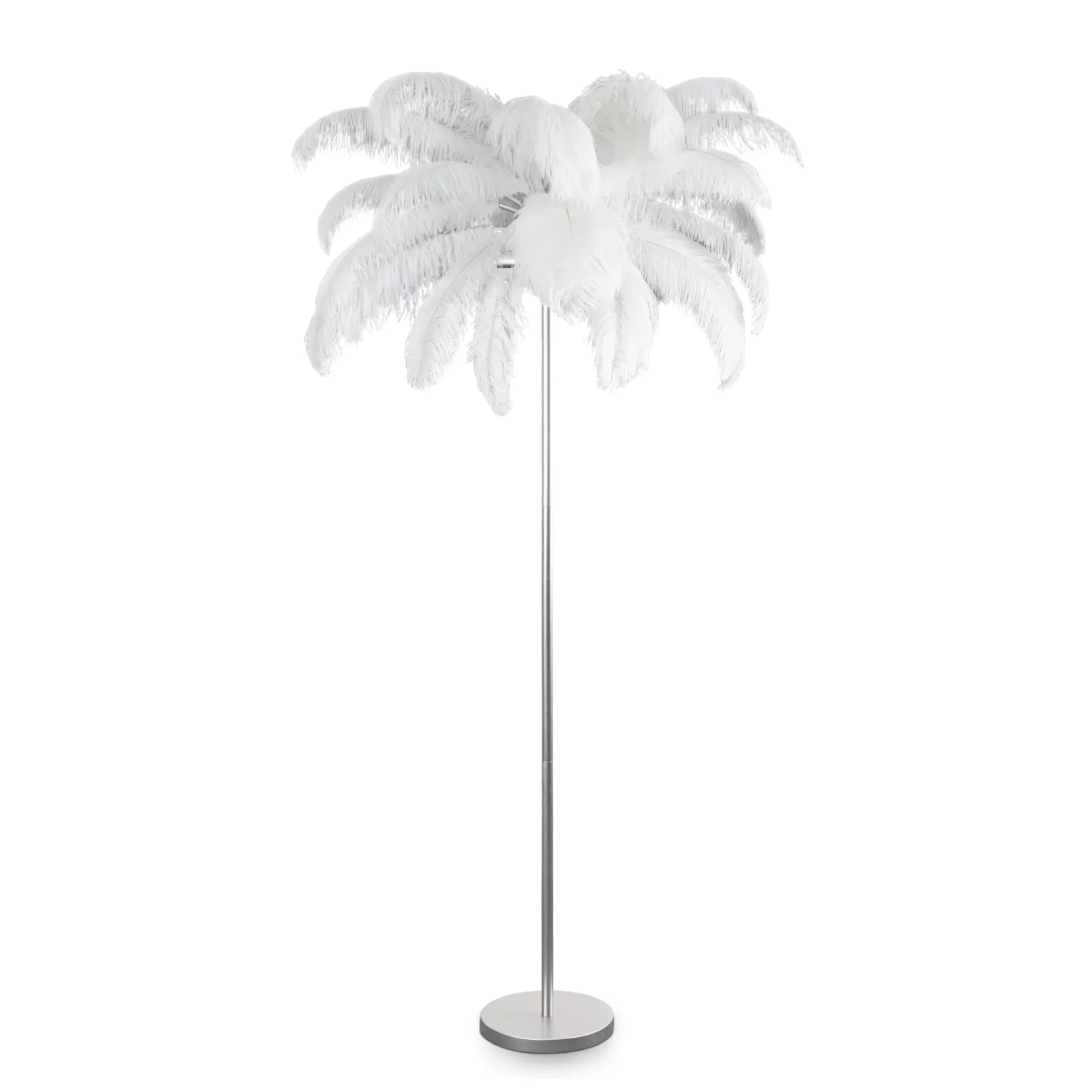 Lampa stojąca do salonu srebrno, biała na metalowej podstawie z efektownym abażurem z naturalnych strusich piór 95 x 95 x 180 cm FERI Eurofirany