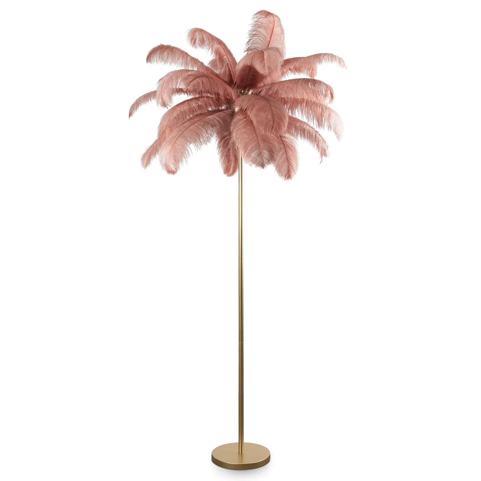 Lampa stojąca do salonu pudrowo, szampańska na metalowej podstawie z efektownym abażurem z naturalnych strusich piór 95 x 95 x 180 cm FERI  Eurofirany