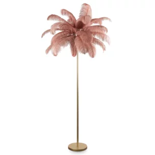 Lampa stojąca do salonu pudrowo, szampańska na metalowej podstawie z efektownym abażurem z naturalnych strusich piór 95 x 95 x 180 cm FERI  Eurofirany