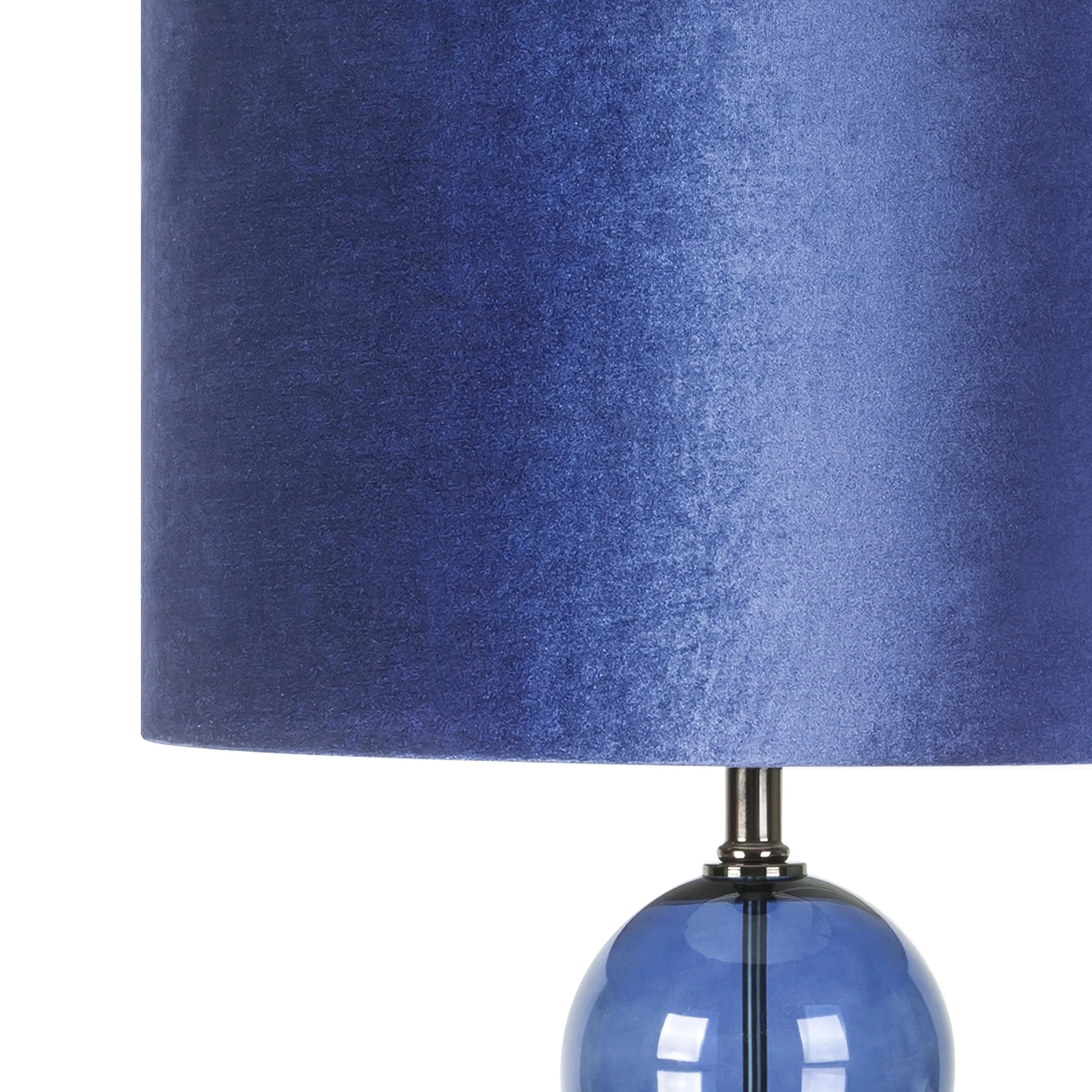 Lampa stojąca pokoju granatowa IRIS na metalowej podstawie ze szklaną turkusową bombką i welwetowym abażurem Eurofirany