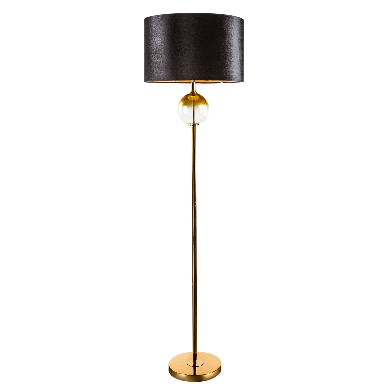 Lampa stojąca do salonu czarno, złota KAJA na podstawie łączącej szkło i metal z welwetowym abażurem 43 x 157 cm KAJA  Eurofirany