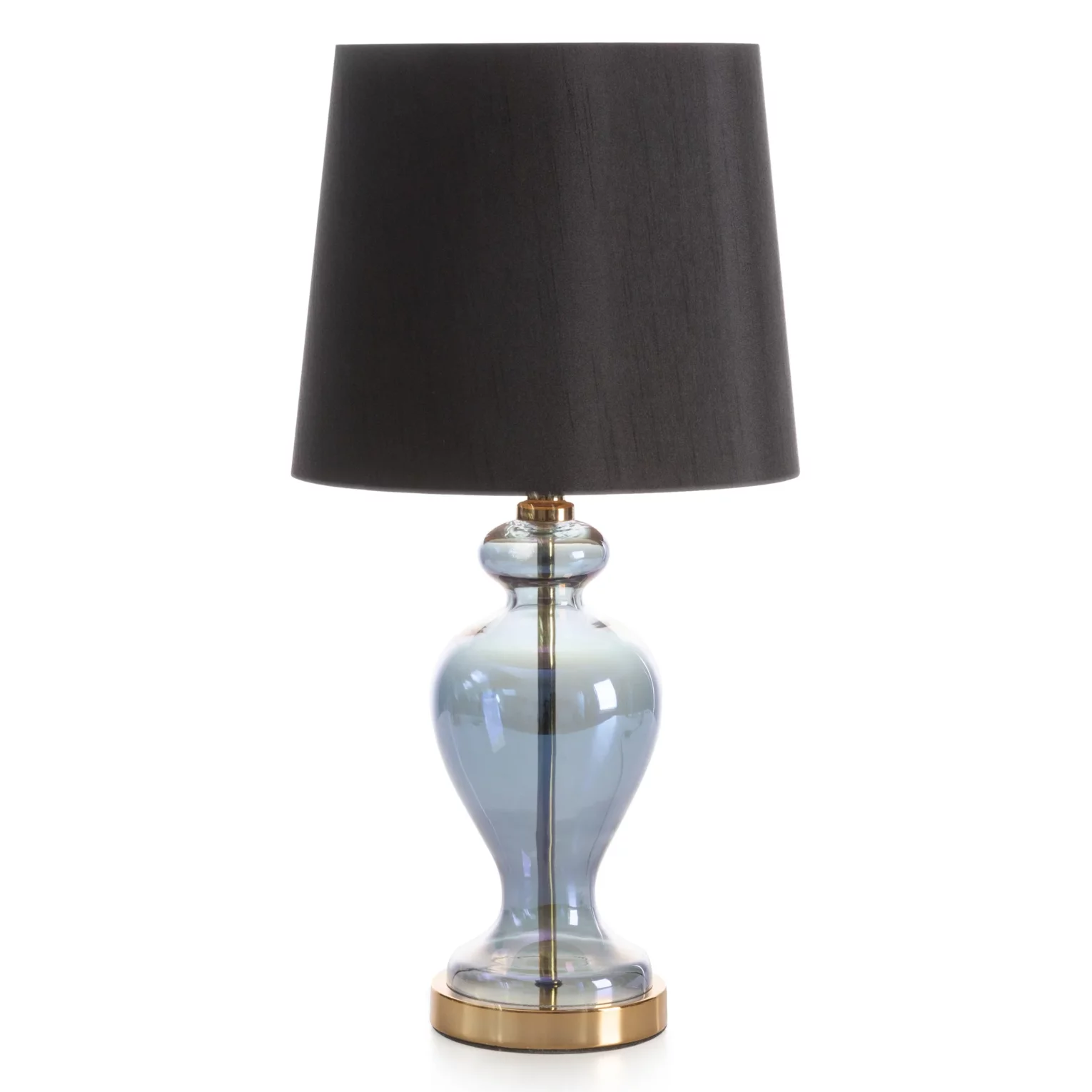Lampa stołowa do pokoju czarno, złota EMILIO na podstawie z przezroczystego szkła z abażurem z matowej tkaniny 27x61 cm EMILIO Eurofirany