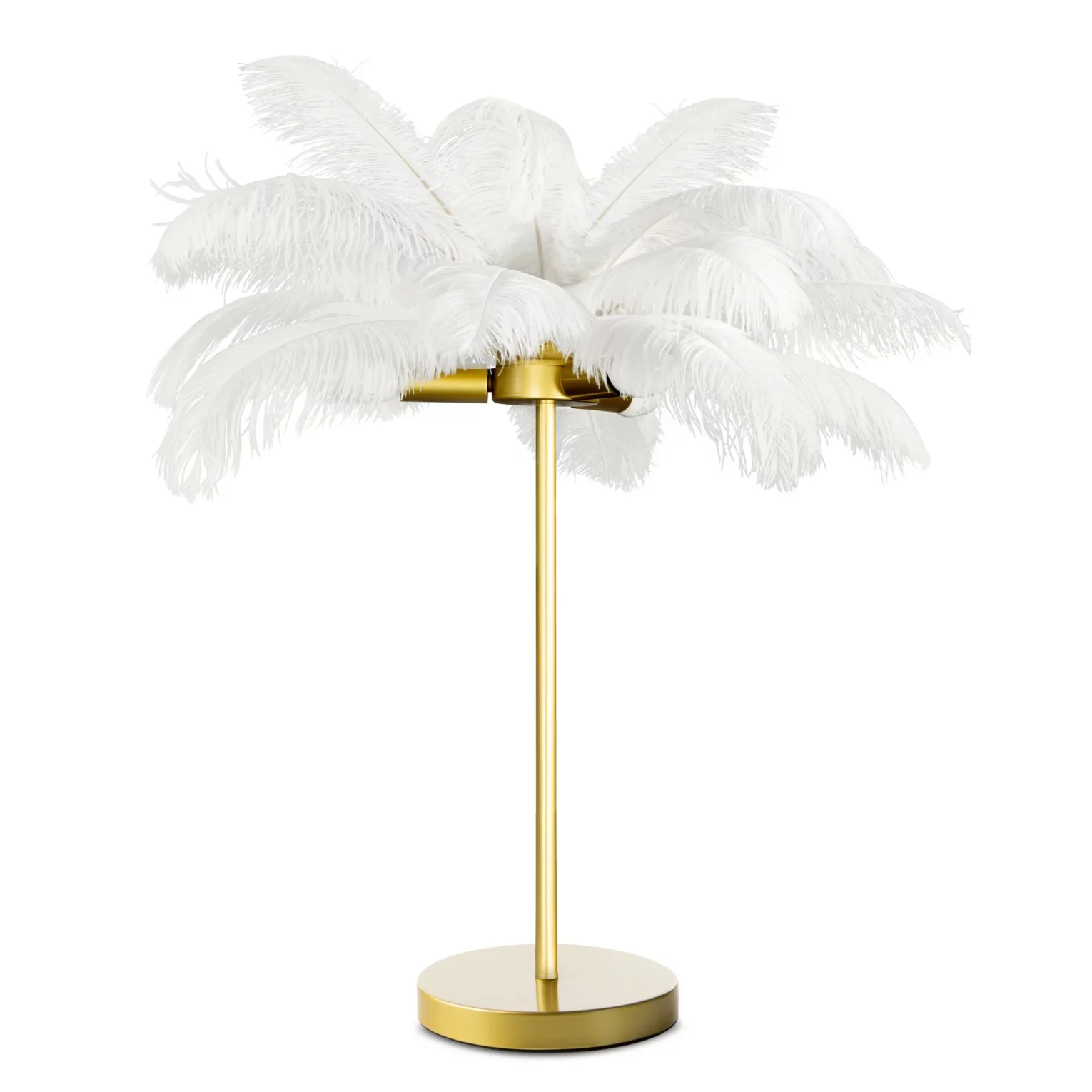 Lampa stołowa do salonu biało, złota na metalowej podstawie z niezwykle efektownym abażurem z naturalnych strusich piór 65 x 65 x 68 cm FERI Eurofirany