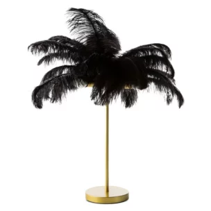 Lampa stołowa do salonu czarno, złota na metalowej podstawie z niezwykle efektownym abażurem z naturalnych strusich piór 65 x 65 x 68 cm FERI Eurofirany