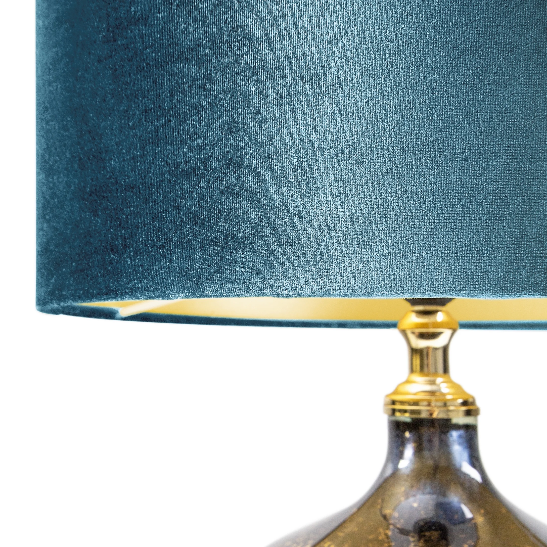 Lampa stołowa KATIE na szklanej podstawie z przecieranego szkła czarno-złota z welwetowym ciemno miętowym abażurem