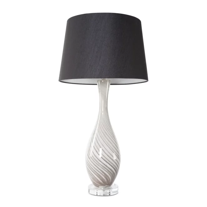 Lampa stołowa czarno, srebrna MEGI na podstawie ze szkła z abażurem z matowej tkaniny Eurofirany