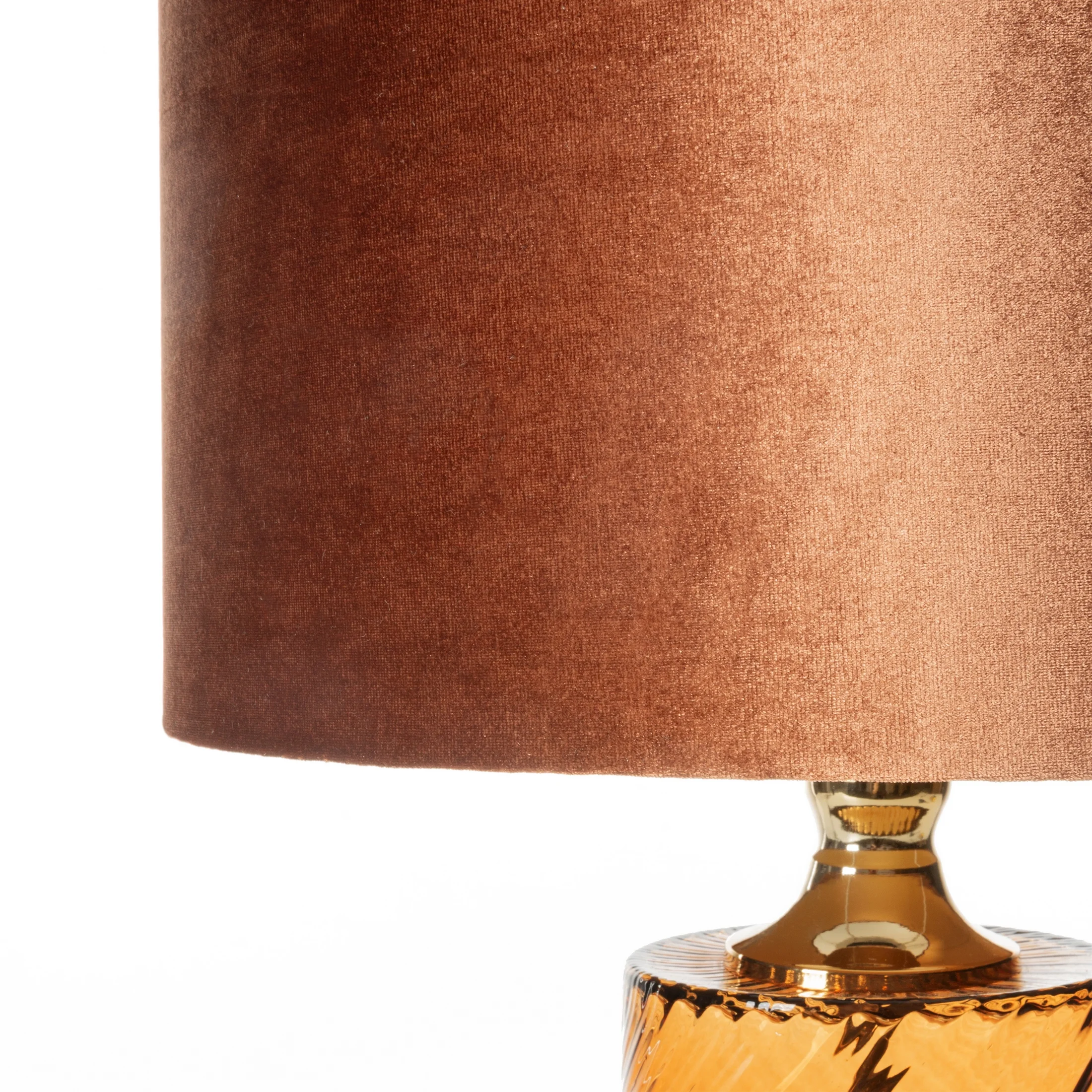 Lampa stołowa nocna miedzian, jasnobrązowa BRENDA na podstawie z przezroczystego szkła z abażurem z welwetowej tkaniny Eurofirany