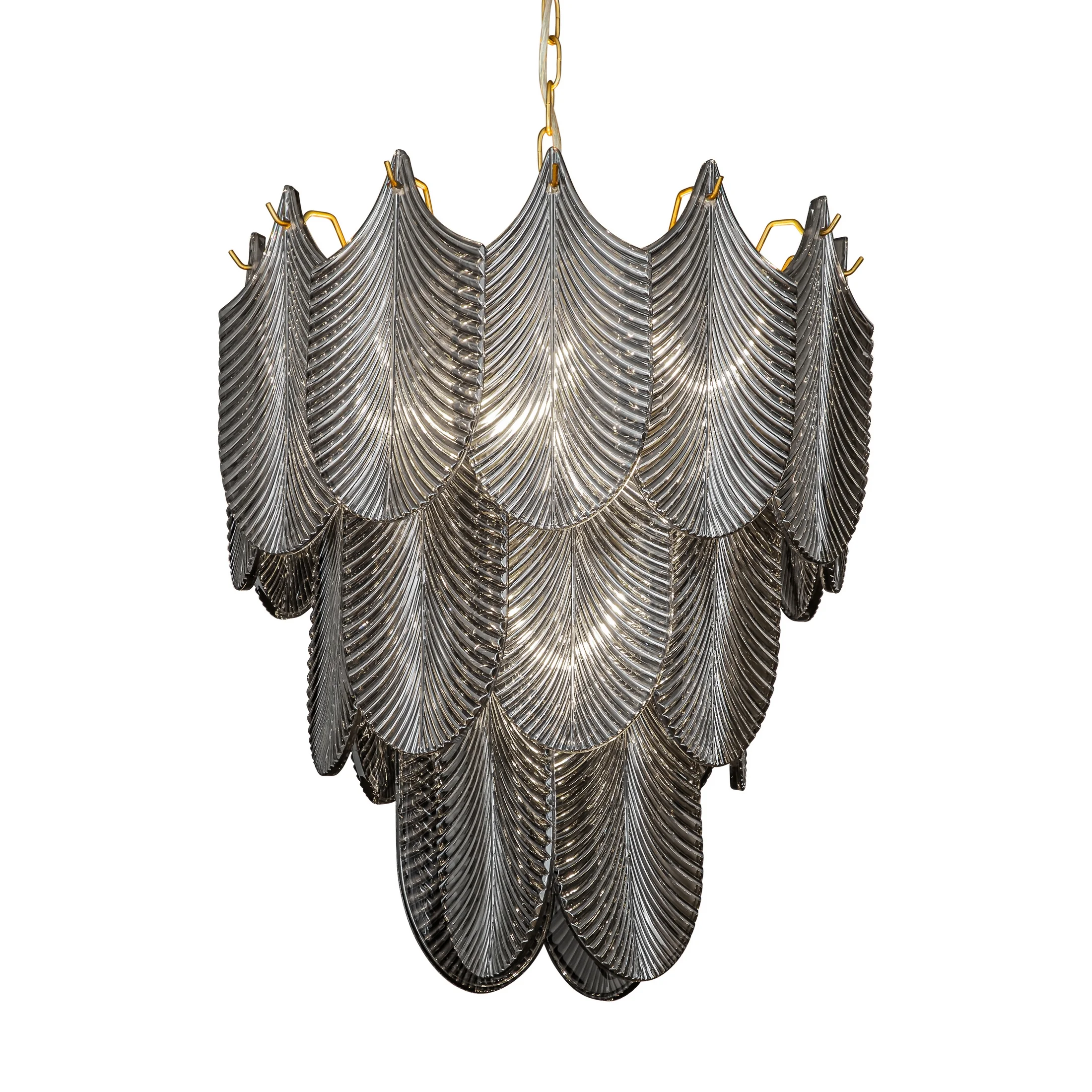 Lampa wisząca do salonu grafitowo, złota MELI ze szklanymi zawieszkami w formie liści z dymionego szkła 50 x150 cm MELI Eurofirany