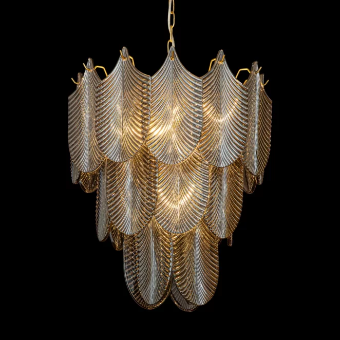 Lampa wisząca do salonu grafitowo, złota MELI ze szklanymi zawieszkami w formie liści z dymionego szkła 50 x150 cm MELI  Eurofirany