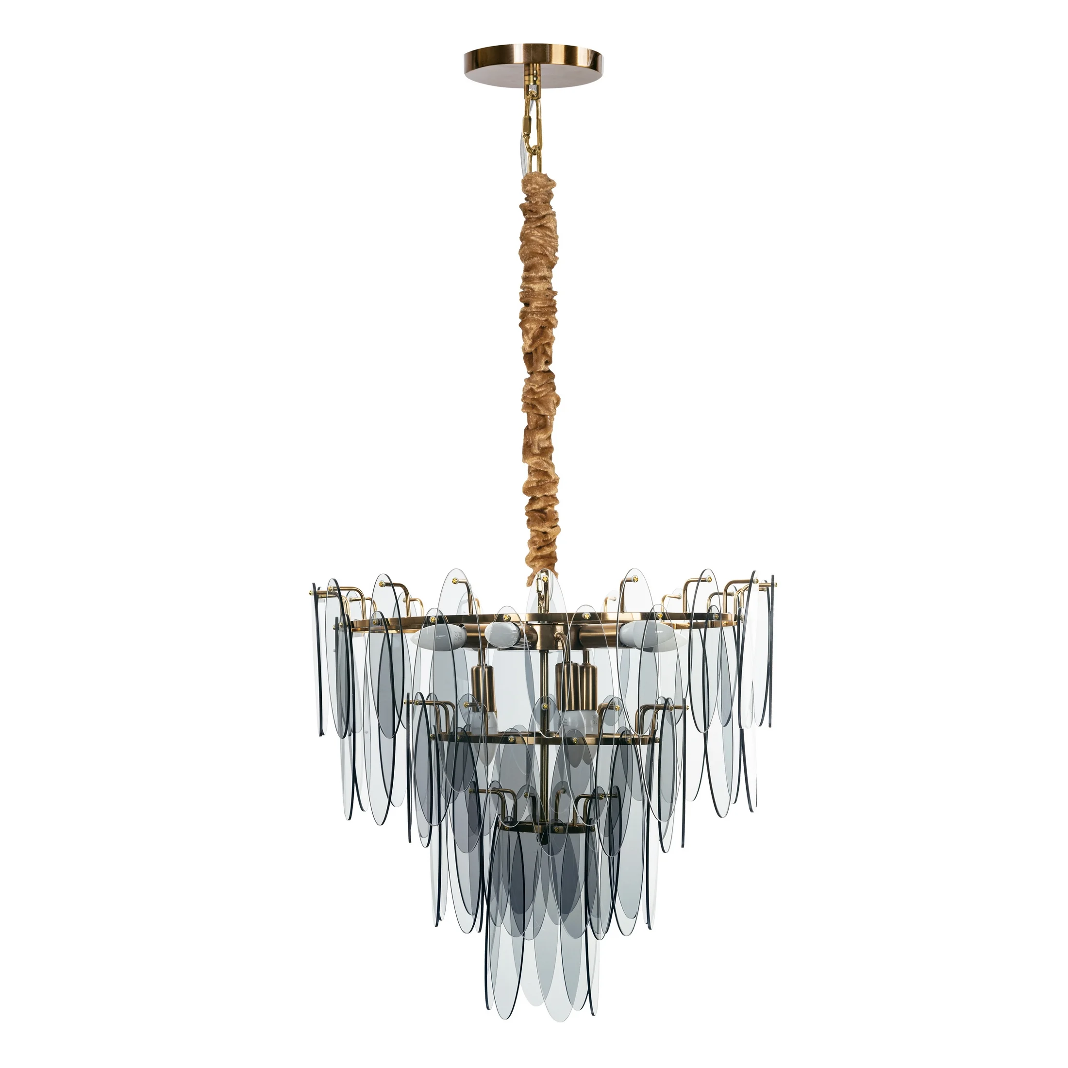 Lampa wisząca do salonu złota MARLA ze szklanymi zawieszkami z dymionego szkła, z regulacją wysokości 60 x 150 cm MARLA Eurofirany