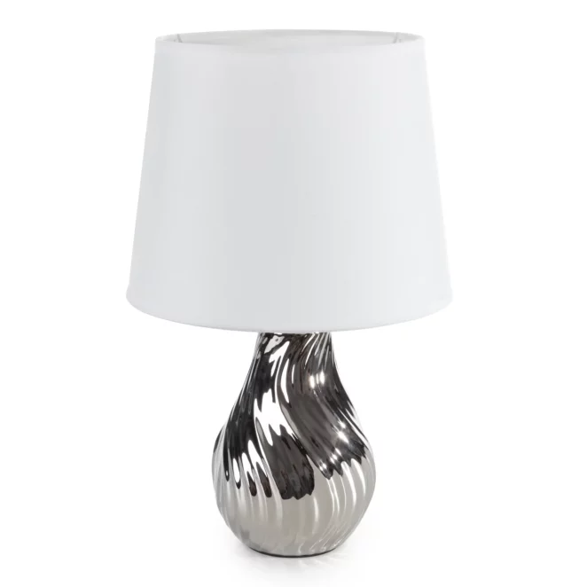 Lampka ceramiczna biało-srebrna zdobiona wytłaczanym wzorem średnica 25x40 cm REINA Eurofirany