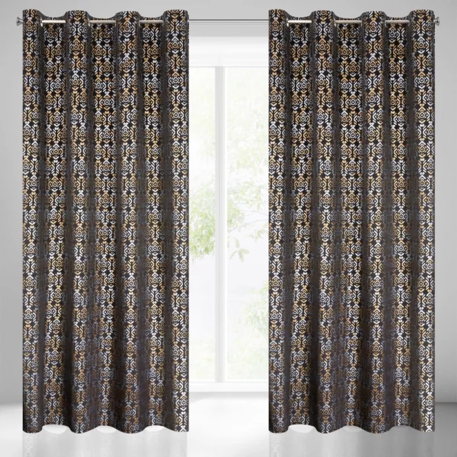 Zasłona czarno, złota ze złotym wzorem z welwetu 140x250 cm przelotka LAURA Eurofirany