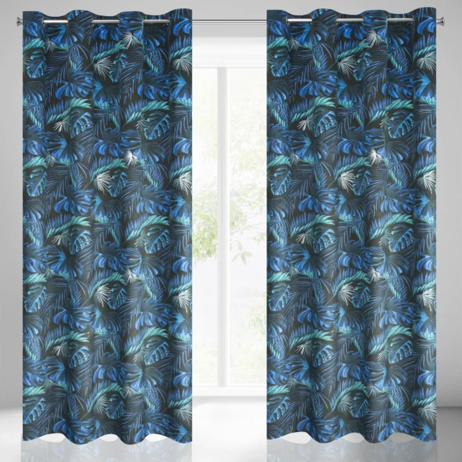 Zasłona czarno, niebieska w liście monstery, welwetowa 140x250 cm przelotka LAZUR Eurofirany