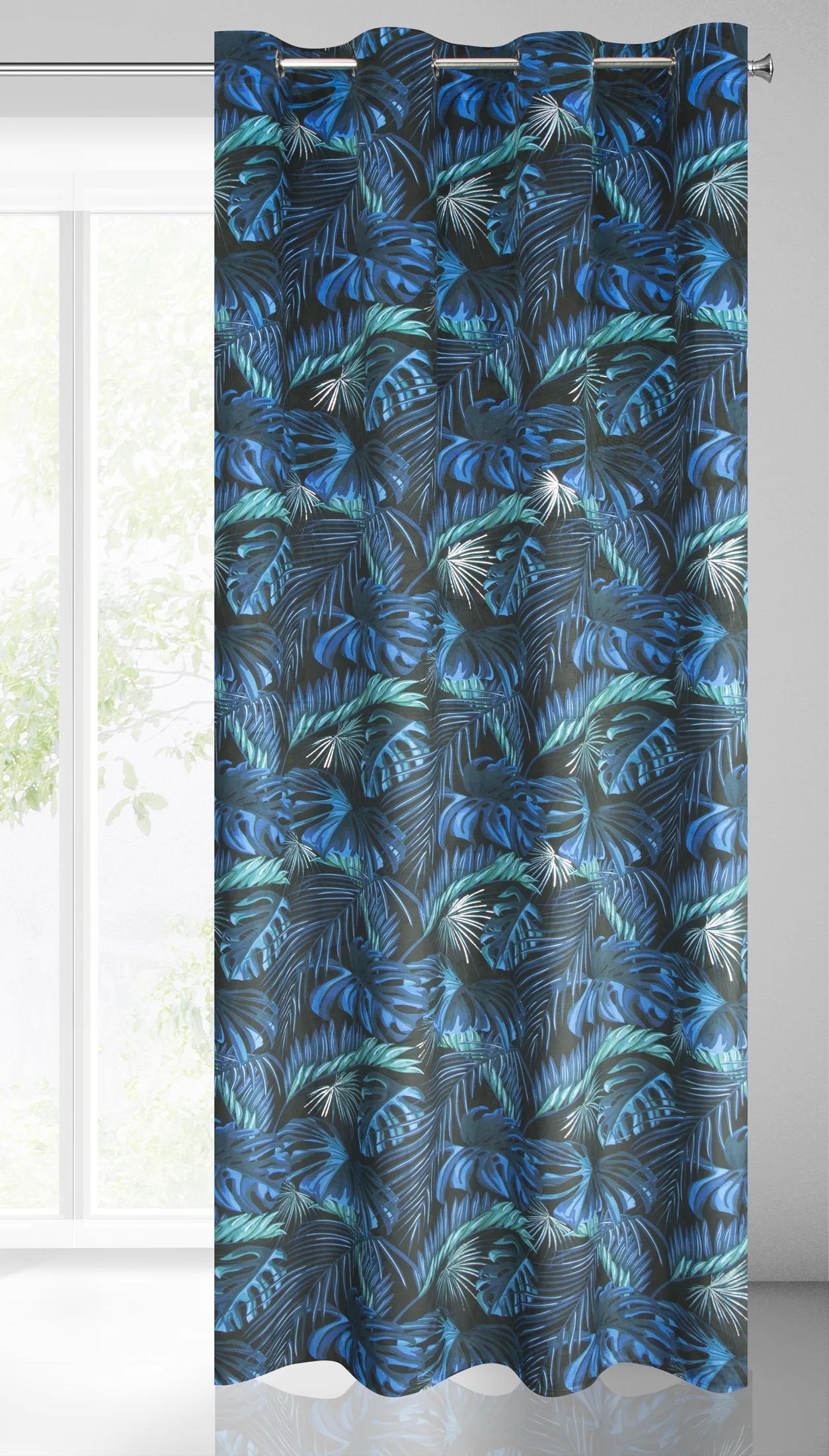 Zasłona czarno, niebieska w liście monstery, welwetowa 140x250 cm przelotka LAZUR Eurofirany