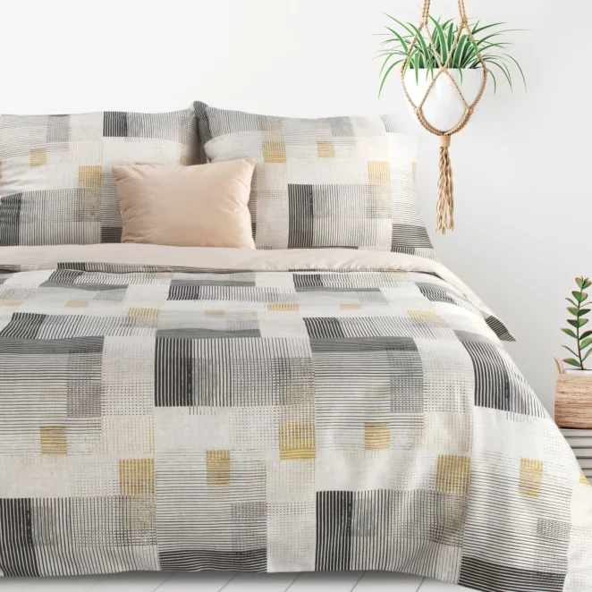 Pościel 220x200 cm komplet 3 częściowy z mieszanki włókien kolor kremowy, stalowy z motywem geometrycznym LEA 6 Design 91 Eurofirany