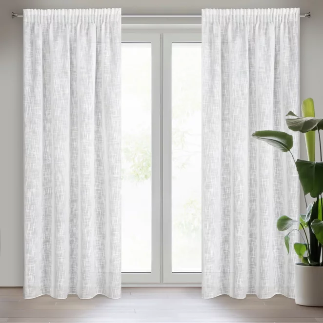 Zasłona biała o płóciennym splocie w stylu eko 140x270 cm taśma LIREN Eurofirany
