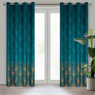 Zasłona turkusowa ze złotym wzorem z welwetu 140x250 cm przelotka LOTOS 1 Limited Collection Eurofirany