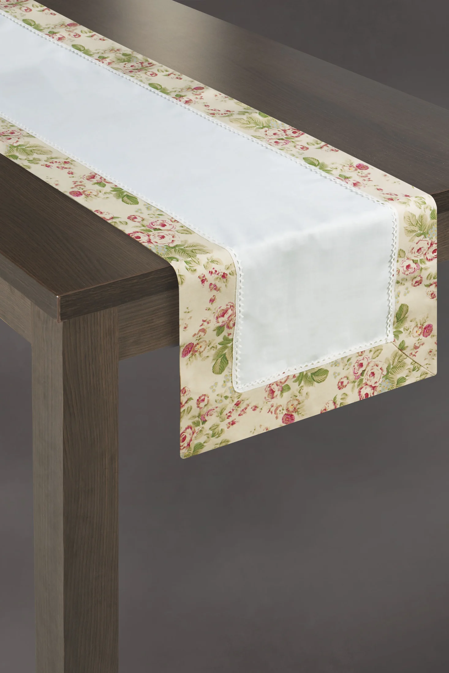 MOLLY BIAŁY BIEŻNIK ZDOBIONY SZEROKĄ LISTWĄ W KWIATY 40x140 cm EUROFIRANY