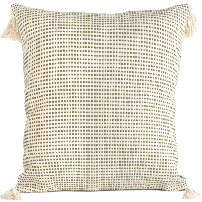 Poszewka na poduszkę 60x60 cm bawełniana zdobiona chwostami na rogach kremowo, oliwkowa MONTENEGRO TERRA COLLECTION Eurofirany