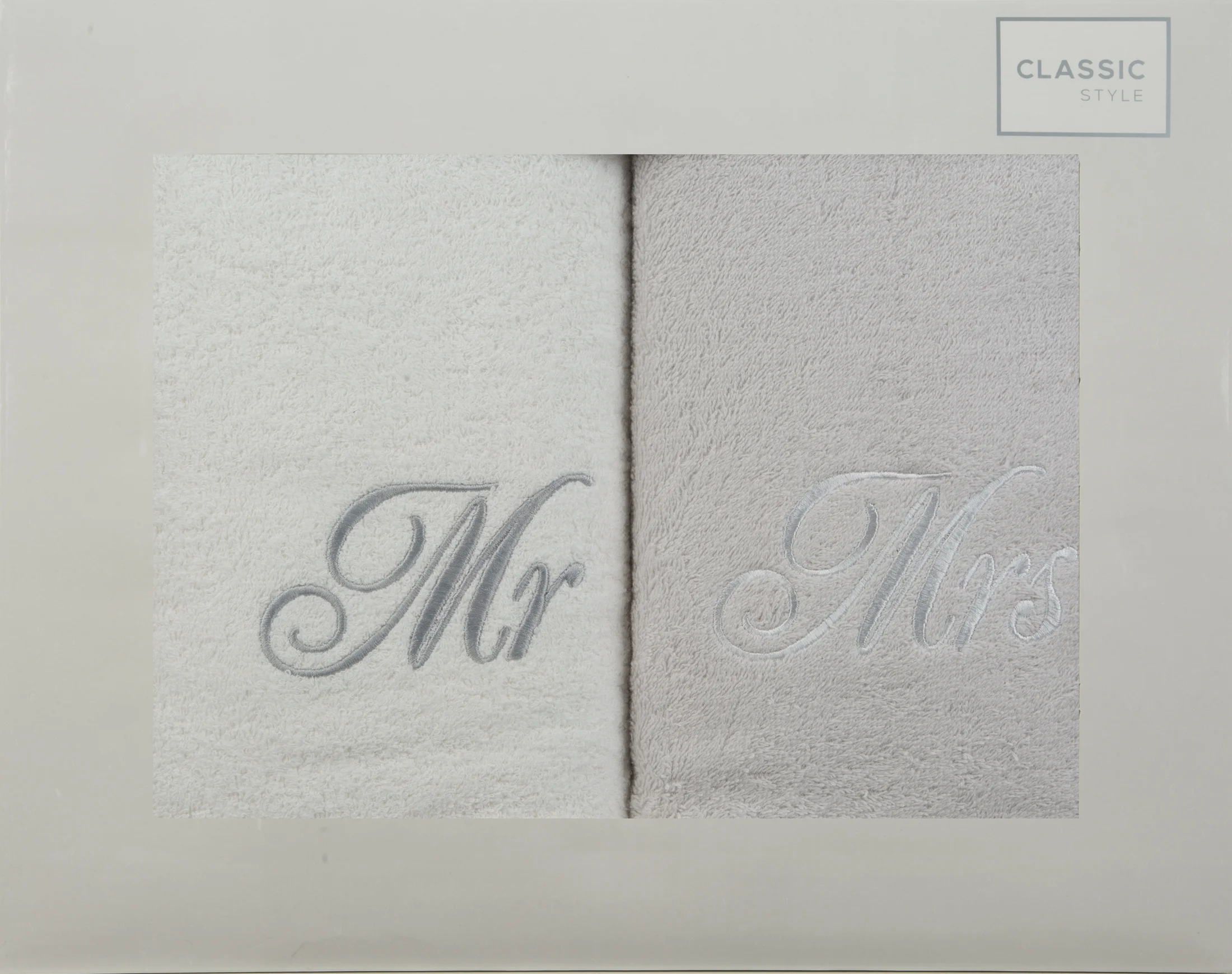 Zestaw ręczników bawełnianych 2 szt 50x90 cm z haftem MR&MRS kolor biały, popielaty 400 g/m2 Eurofirany