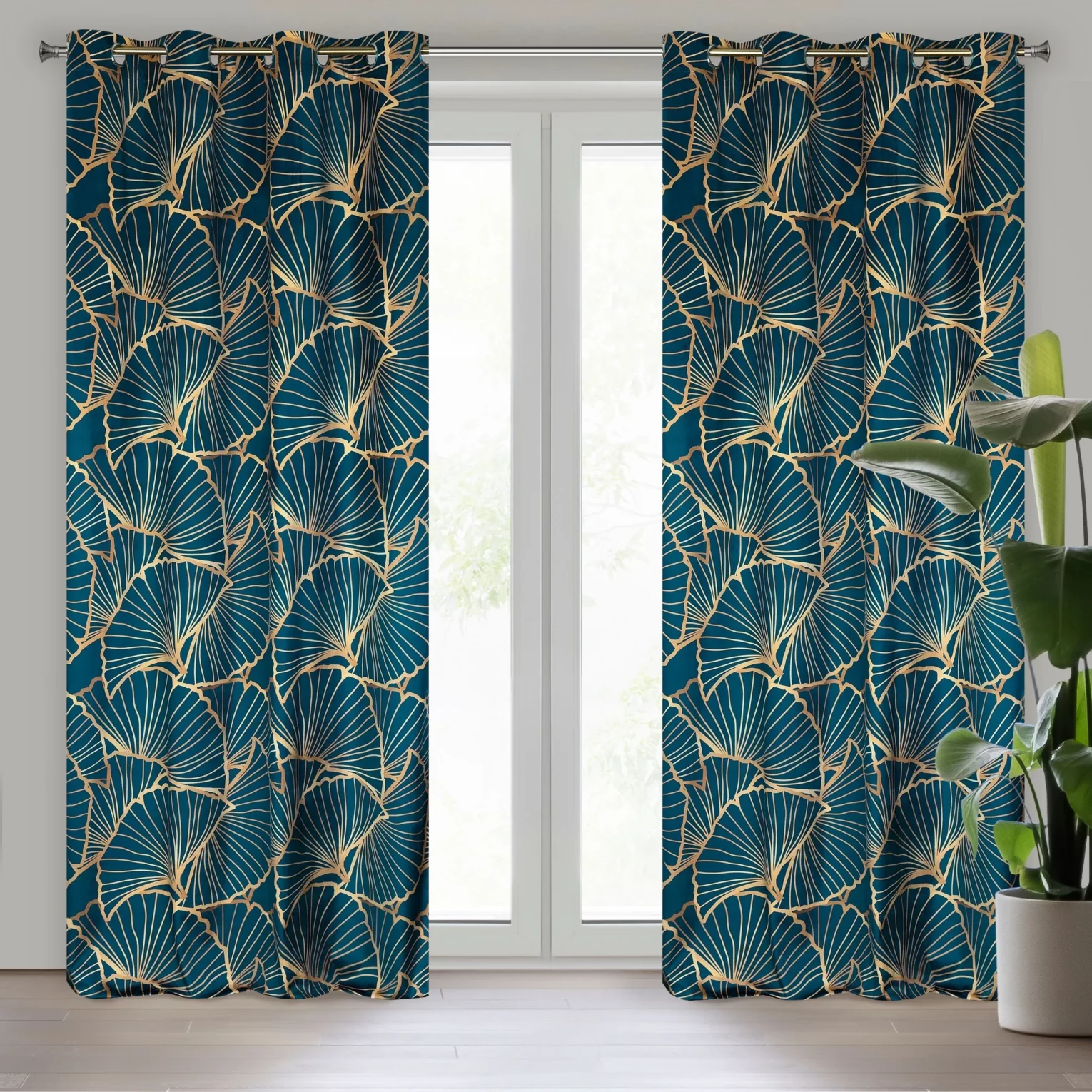 Zasłona granatowo, beżowa ze wzorem liści z matowego welwetu 140x250 przelotka MUSA 3 Limited Collection Eurofirany
