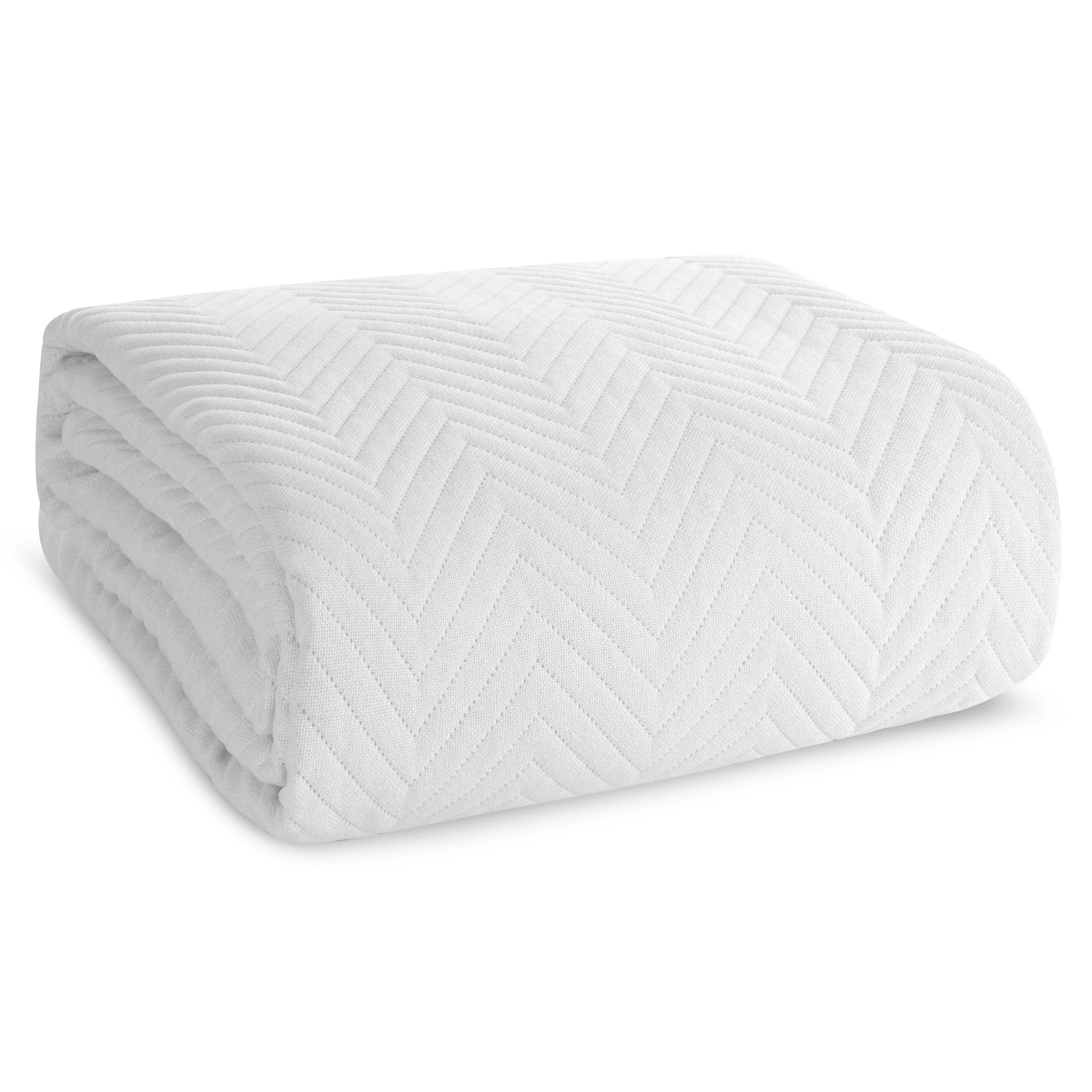 Narzuta z tkaniny o strukturze lnu biała 170x210 cm pikowana w wzór jodełki LEN 3 EUROFIRANY PREMIUM
