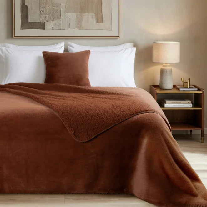 Narzuta dwustronna z przyjemnego futerka i tkaniny barankowej ruda 170x210 cm NINA Eurofirany Premium