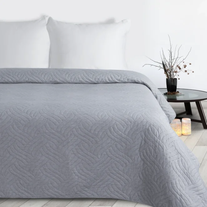 Narzuta imitująca len srebrna 200x220 cm pikowana metodą hot press w geometryczny wzór  LEN Design 91 Eurofirany