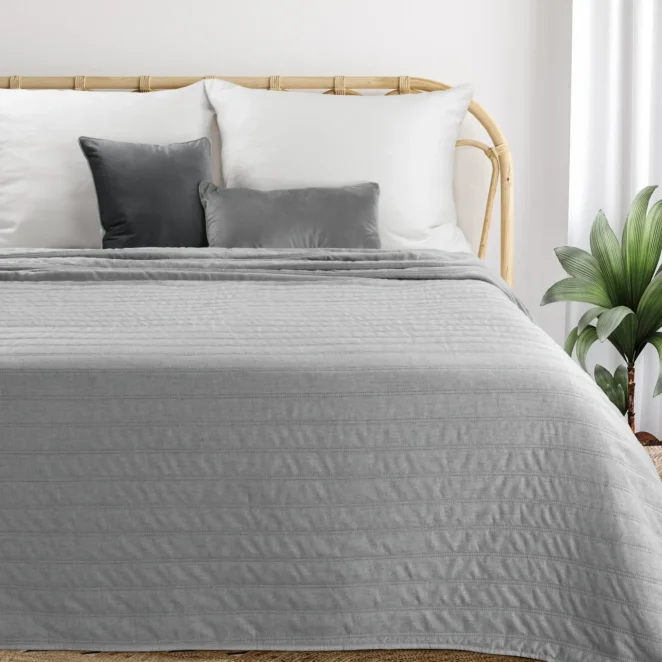 Narzuta imitująca len srebrna pikowana metodą hot press 200x220 cm SELEN Eurofirany