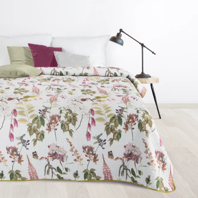 Narzuta biało, zielona 170x210 cm z letnim motywem kwiatów i gałązek ROSA DESIGN 91 Eurofirany
