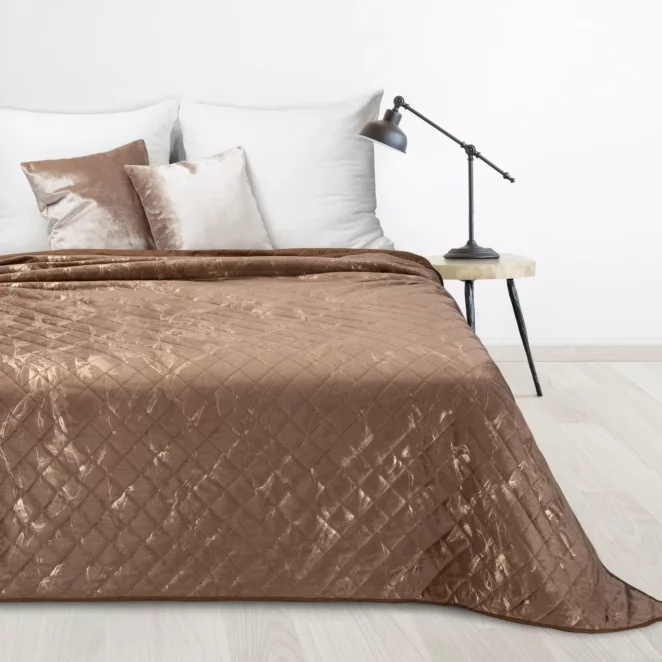 Narzuta welwetowa jasnobrązowo, złota 200x220 cm z welwetu zdobiona wzorem marmuru LUIZ 6 DESIGN 91 Eurofirany