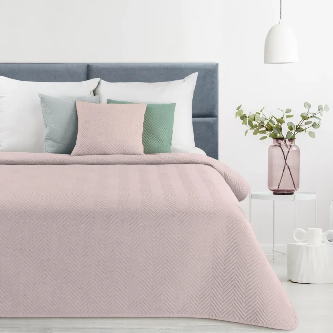 Narzuta z tkaniny o strukturze lnu różowa 200x220 cm pikowana w wzór jodełki LEN 3 EUROFIRANY PREMIUM