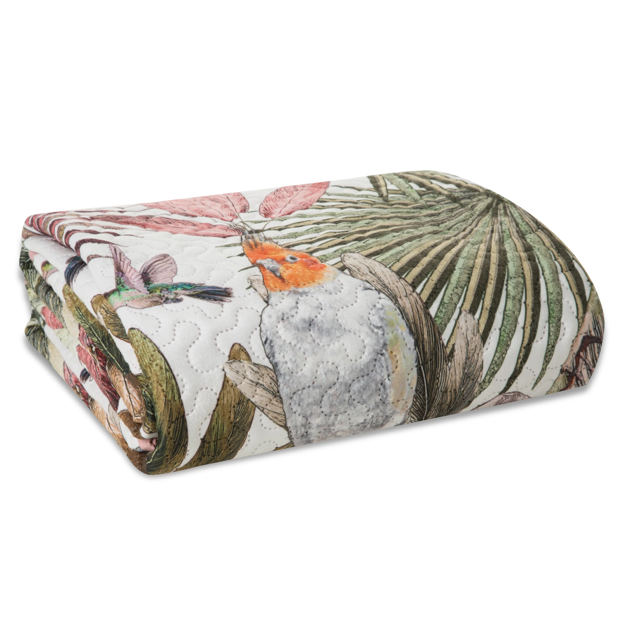 Narzuta zielono, różowa 170x210 cm z nadrukiem egzotycznych roślin i papug PARROT DESIGN 91 Eurofirany