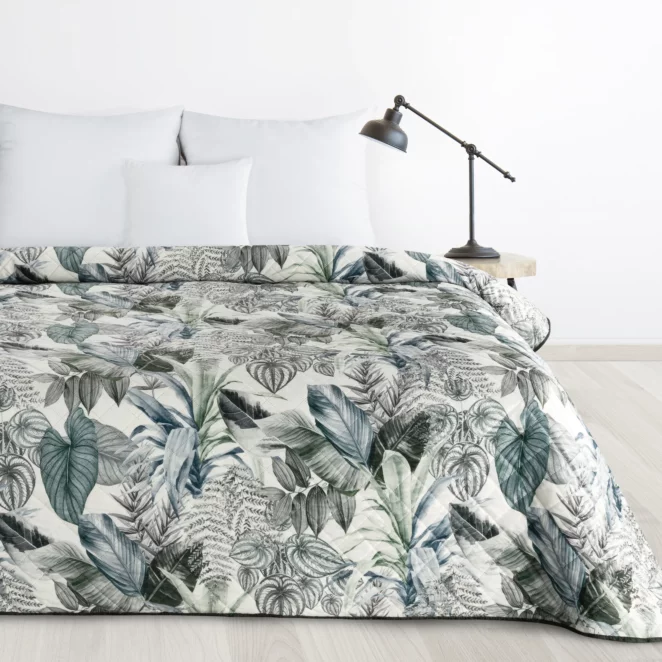 Narzuta zielono, srebrna 170x210 cm pikowana metodą hot press z nadrukiem egzotycznych liści DAVOS DESIGN 91 Eurofirany