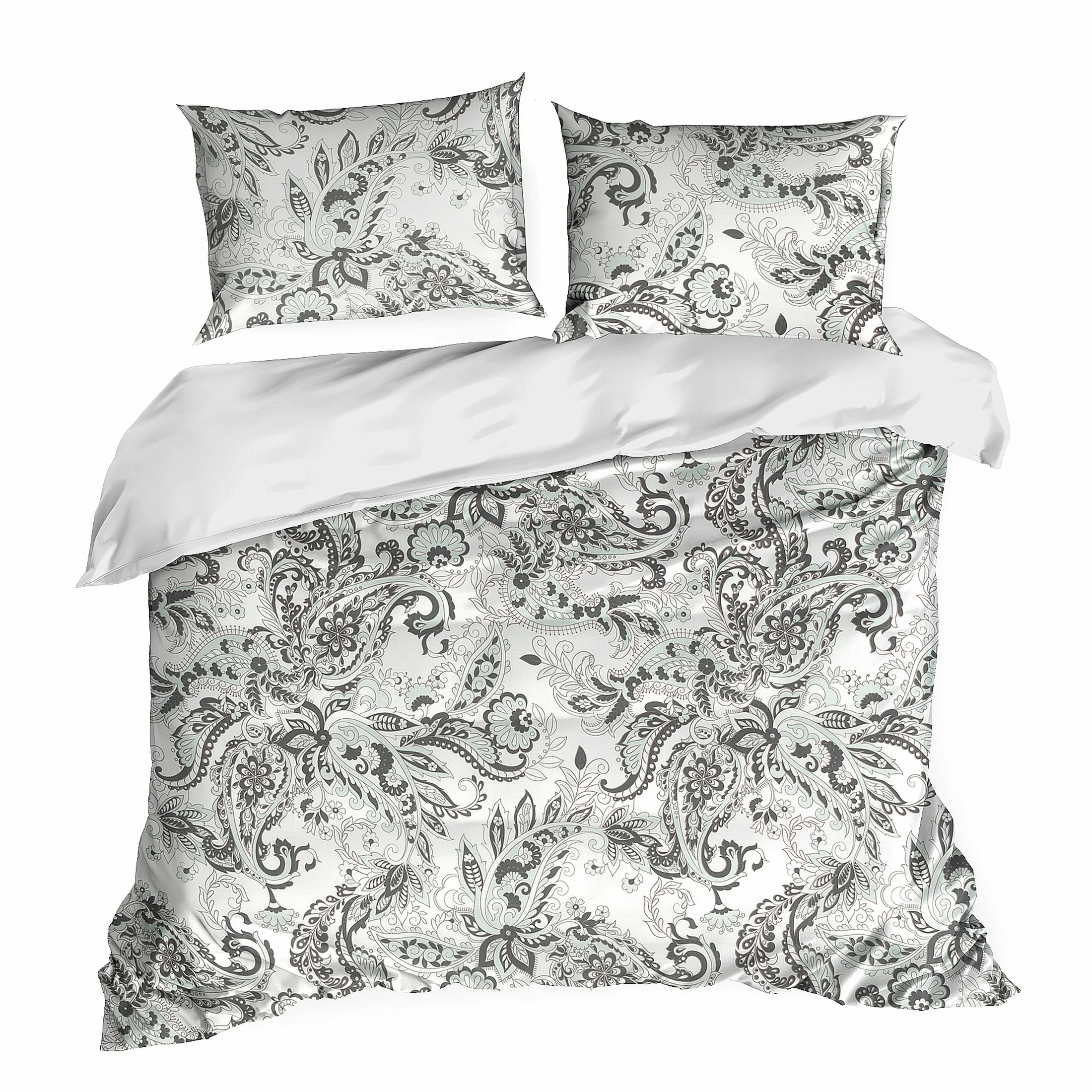 Pościel 160x200 bawełniana kolor biały, stalowy z motywem roślinnym Nika 2 Eurofirany
