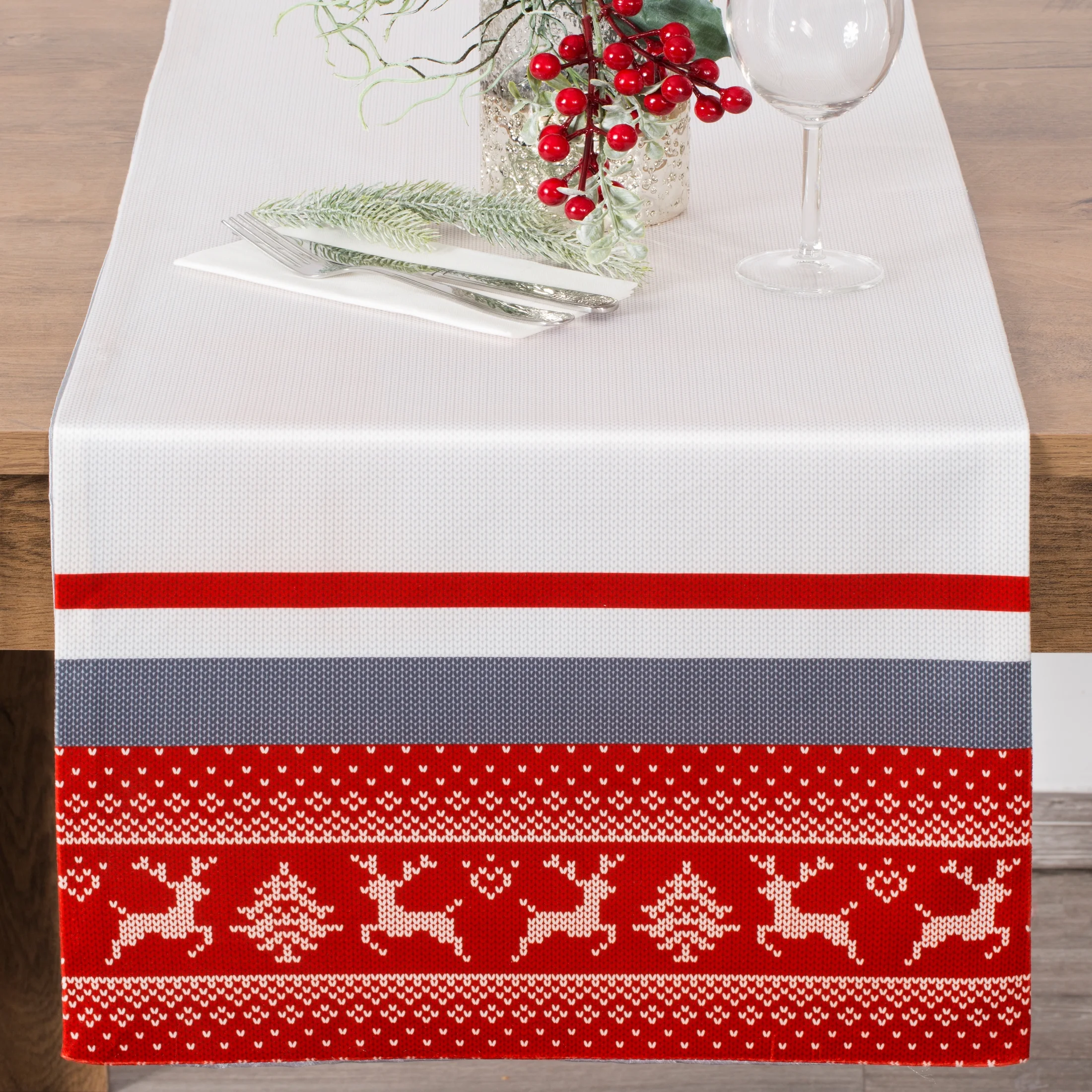 Bieżnik na stół biało, czerwony 40x140 cm welwetowy NOEL z motywem skandynawskim