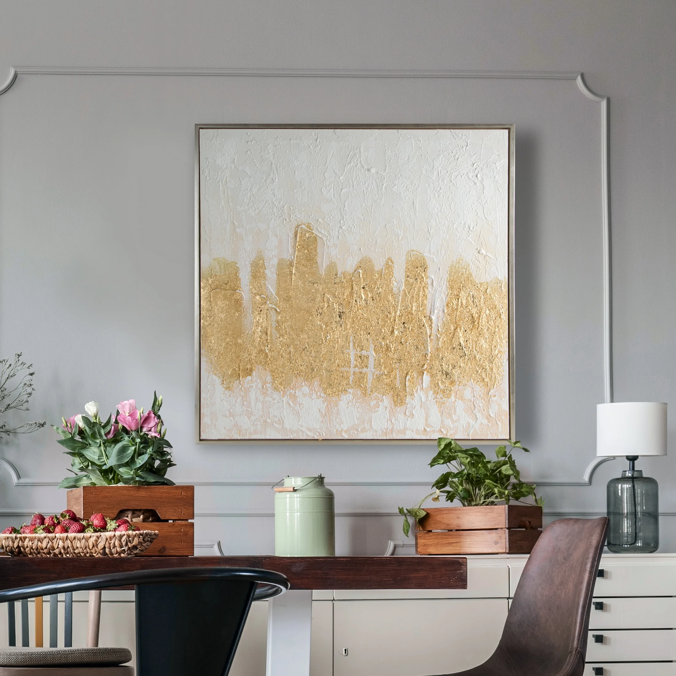 Obraz abstrakcja biało, złocisty ręcznie malowany na płótnie 80x80 cm ABSTRACT