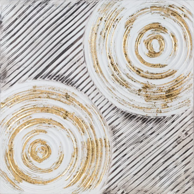 Obraz abstrakcja biało, złoty ręcznie malowany obraz na płótnie w stylu boho 60x60 cm