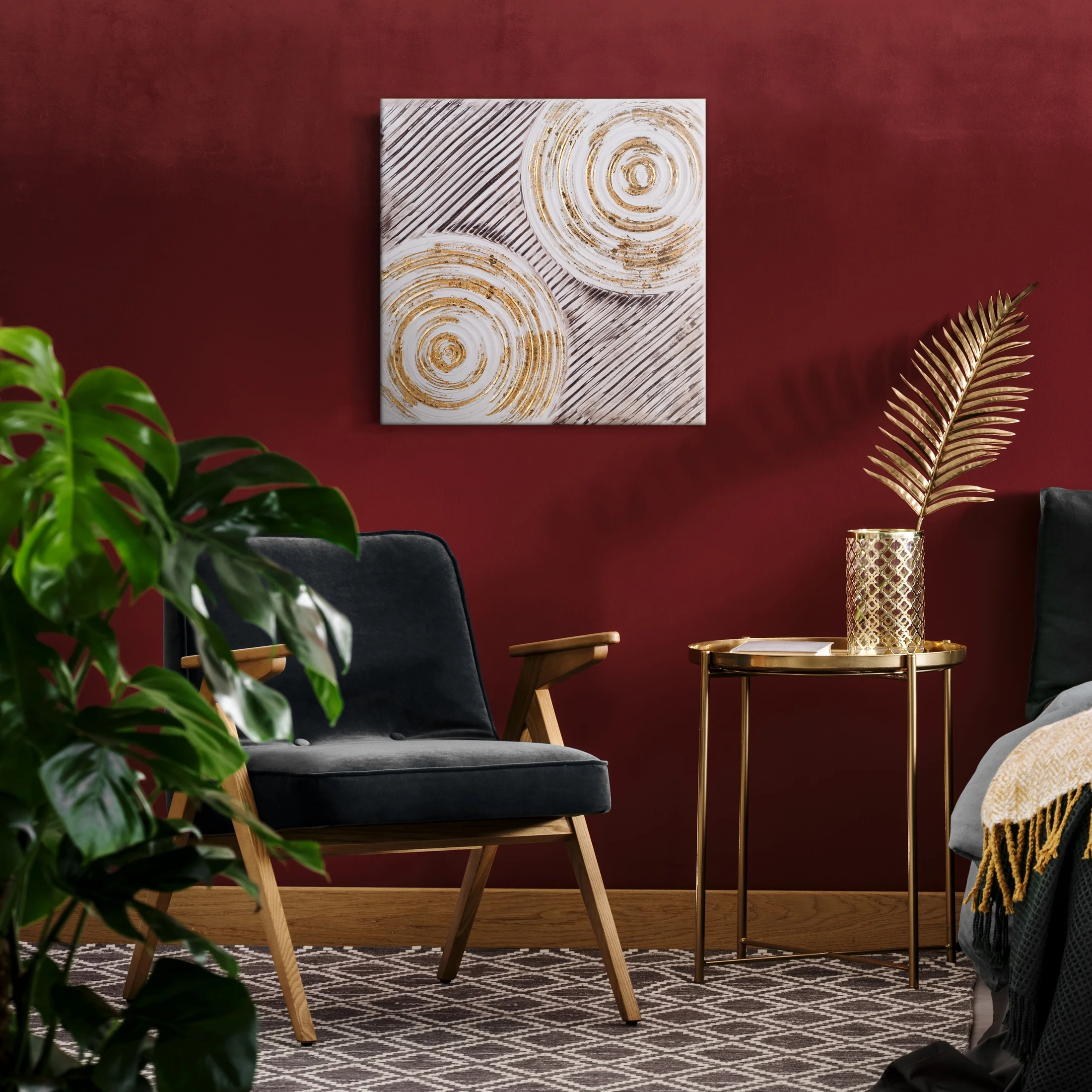 Obraz abstrakcja biało, złoty ręcznie malowany obraz na płótnie w stylu boho 60x60 cm