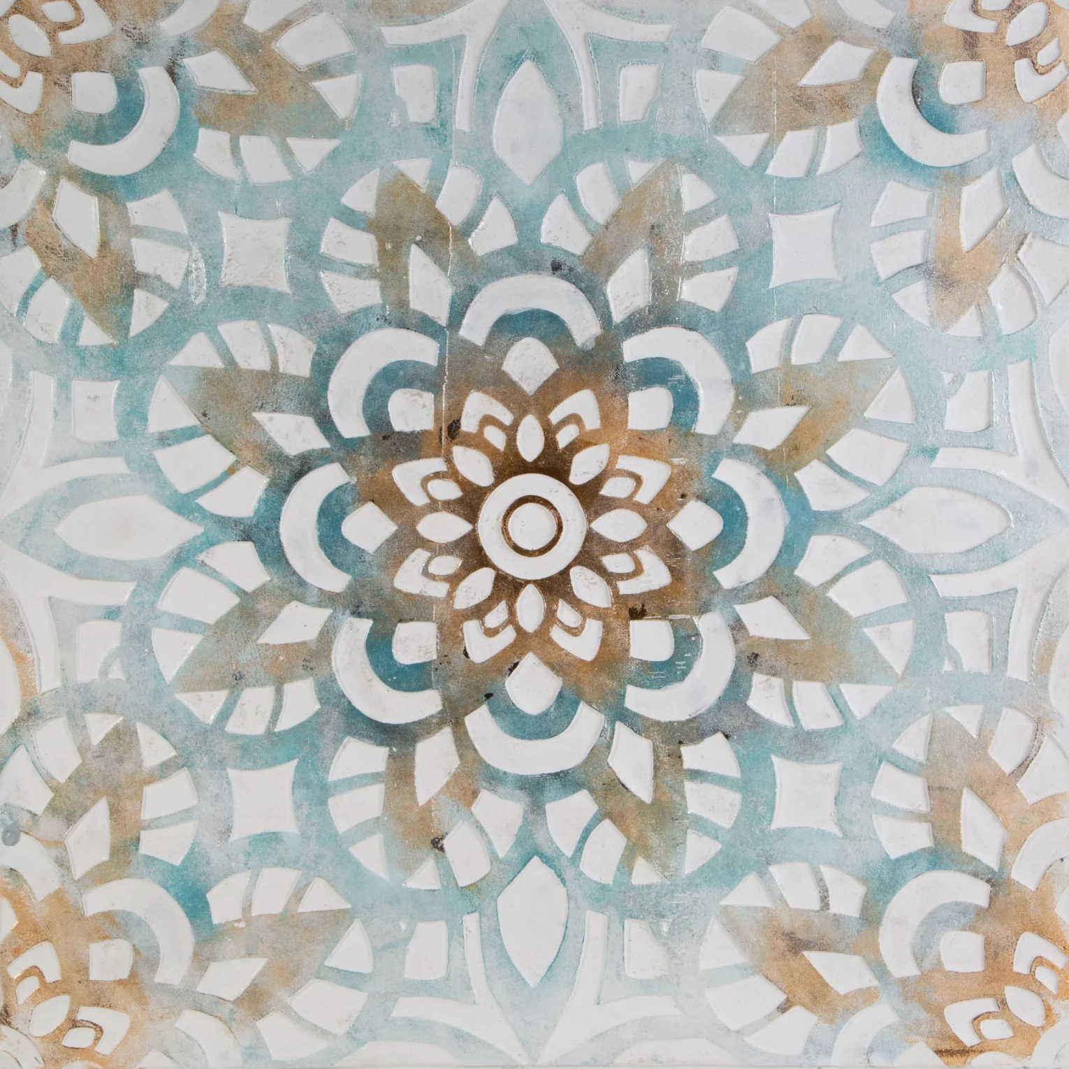 Obraz abstrakcja niebiesko, pomarańczowy ręcznie malowany na płótnie akcent folkloru 80x80 cm ORAMENTS