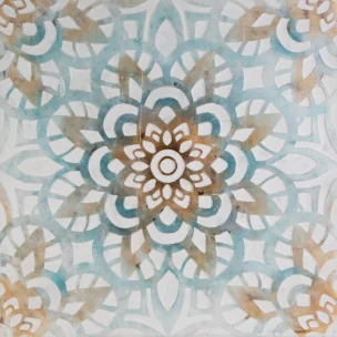 Obraz abstrakcja niebiesko, pomarańczowy ręcznie malowany na płótnie akcent folkloru 80x80 cm ORAMENTS