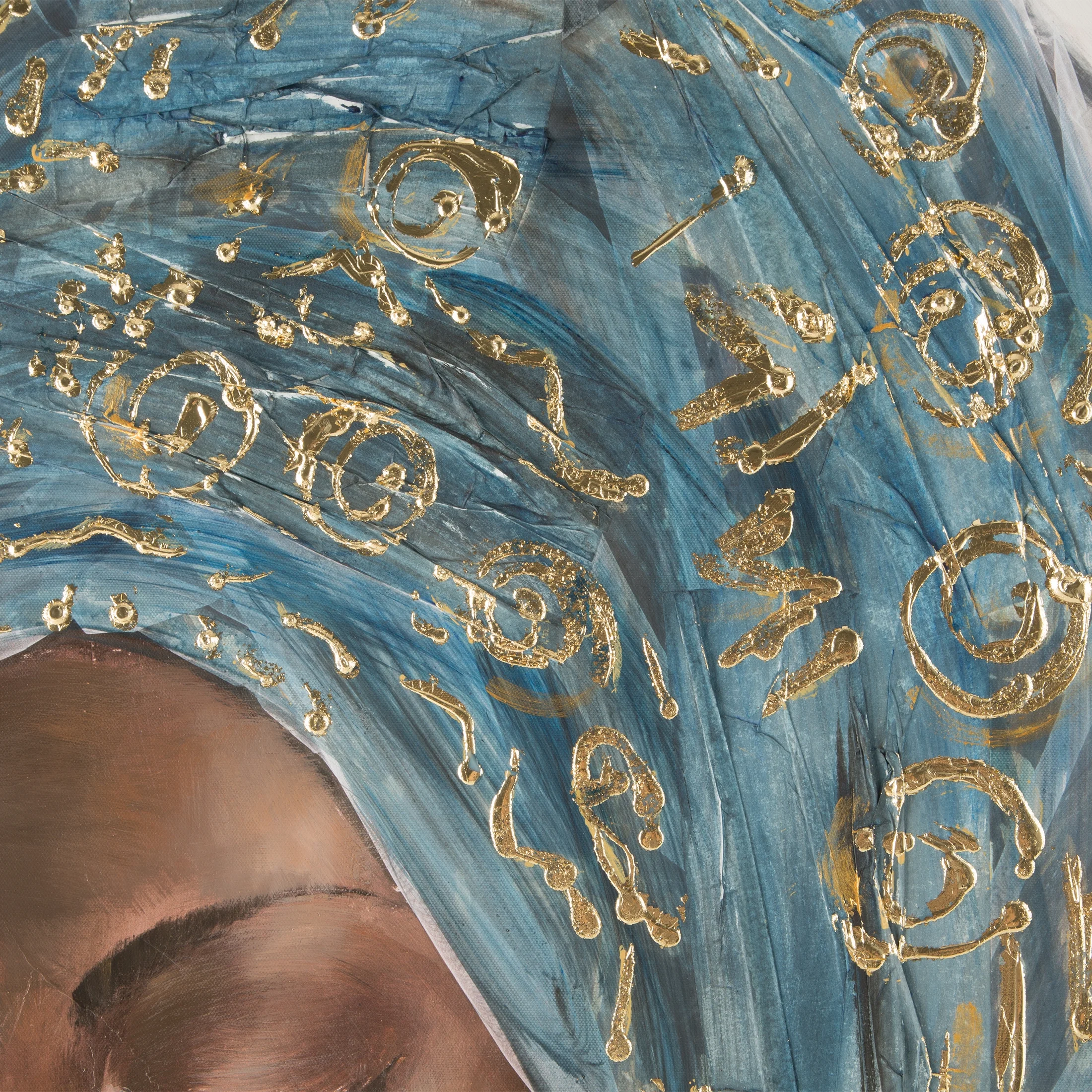 Obraz postaci beżowo, niebieski ręcznie malowany na płótnie portret kobiety w turbanie 60x80 cm BEAUTY 2 Eurofirany