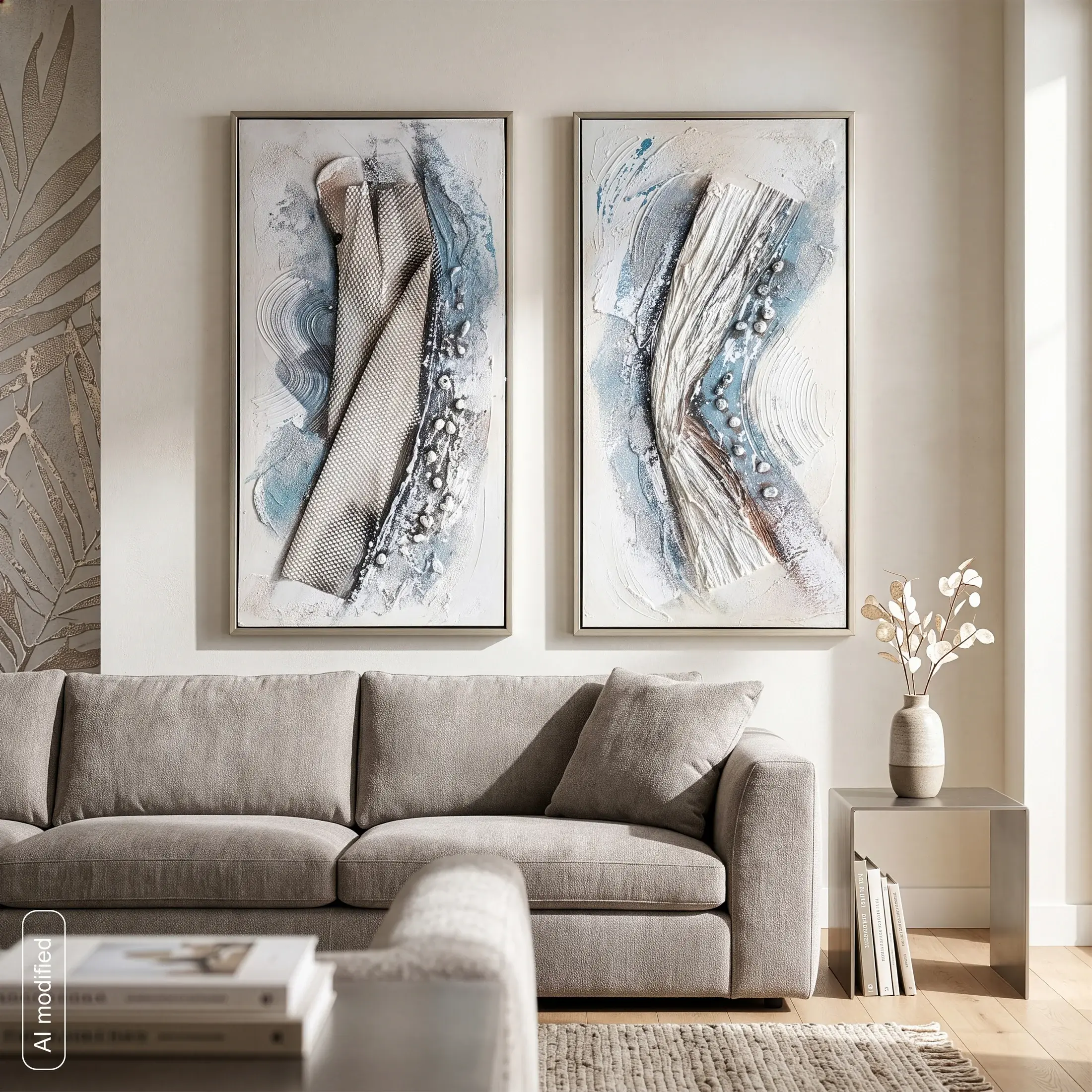 Obraz biało-błękitny ręcznie malowany na płótnie o wyrazistej przestrzennej fakturze 32x62 cm Eurofirany
