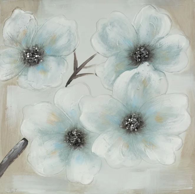 Obraz kwiatowy beżowo, jasnoniebieski ręcznie malowany na płótnie  60x60 cm BLOOM  Eurofirany