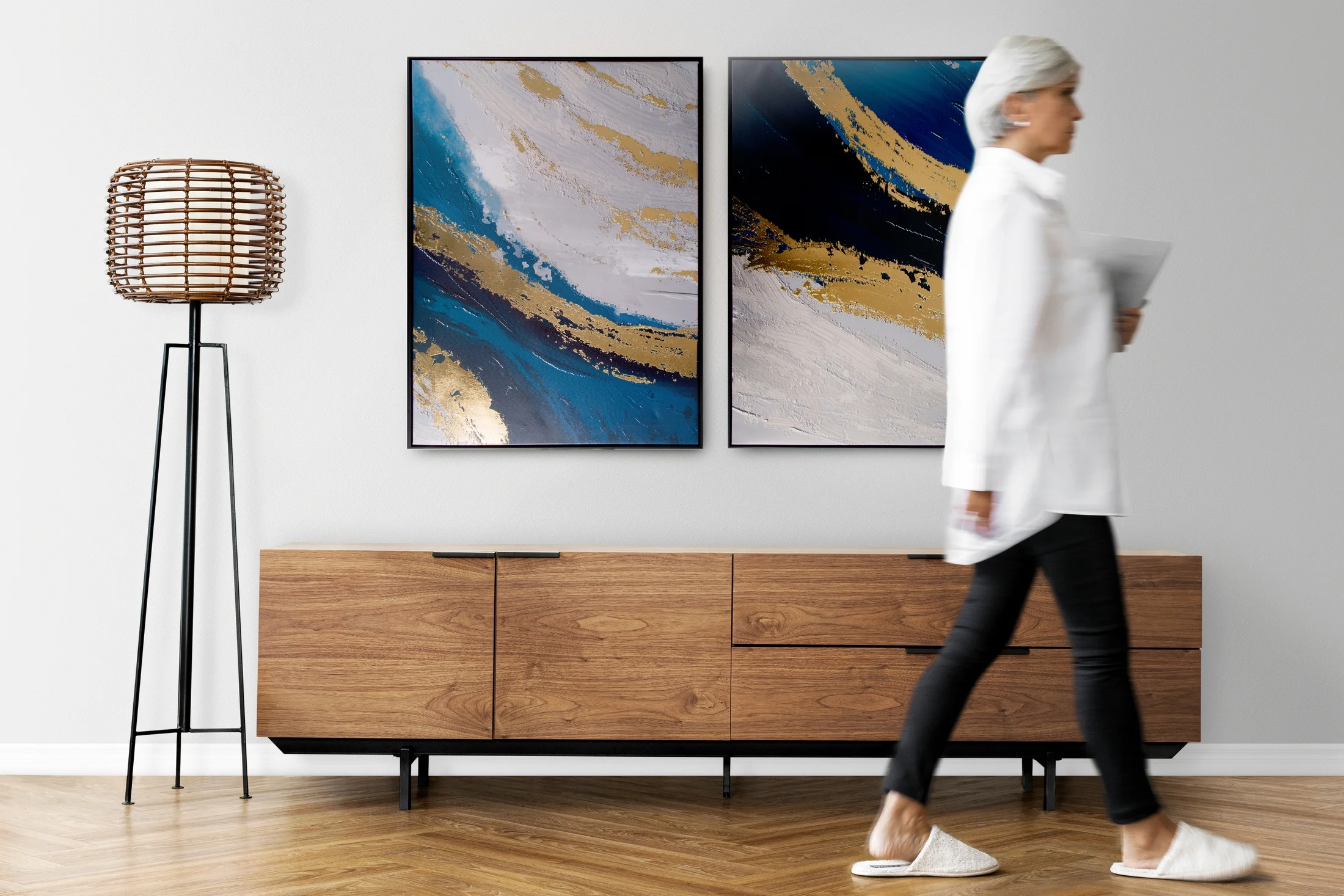 Obraz abstrakcja szaro, granatowy nadruk na płótnie ze złotymi elementami 60x90 cm COLLAGE 5 Eurofirany