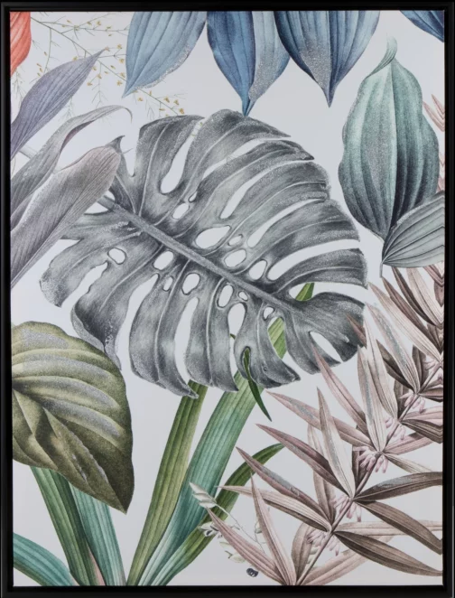 Obraz roślinny zielono, niebieski nadruk na płótnie w czarnej ramie z motywem egzotycznych liści 60x80 cm COLORS 1 Eurofirany