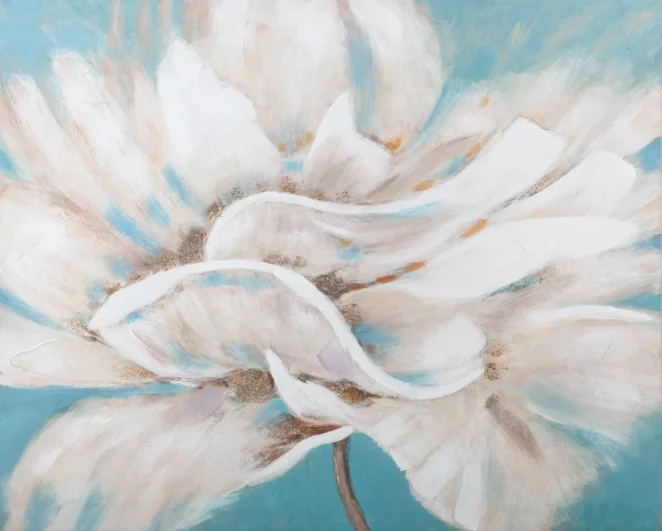 Obraz kwiatowy kremowo, niebieski ręcznie malowany na płótnie podkreślony złotymi akcentami 100x80 cm FLOWERY 2  Eurofirany