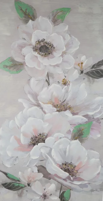 Obraz roślinny beżowo, zielony malowany ręcznie na płótnie 60x120 cm FLOWERY