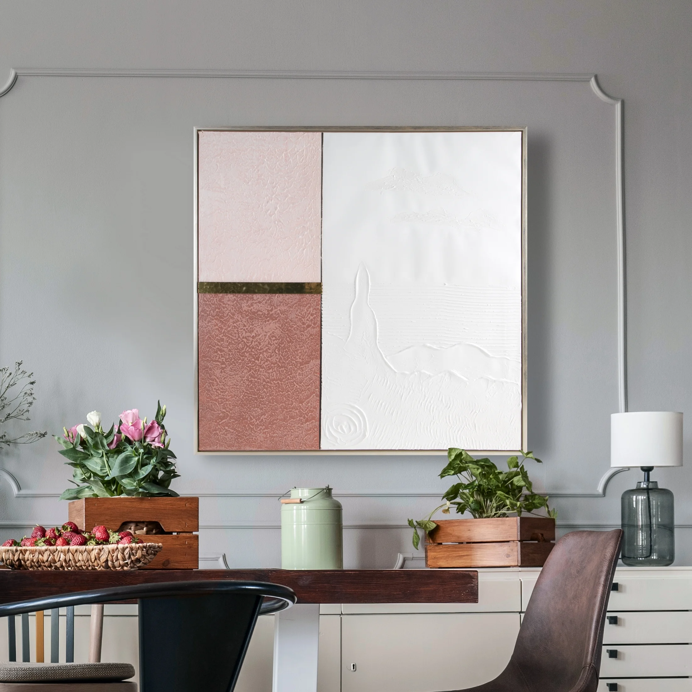 Obraz abstrakcja biało, różowy ręcznie malowany na płótnie kolaż 80x80 cm GEOMETRIC 3