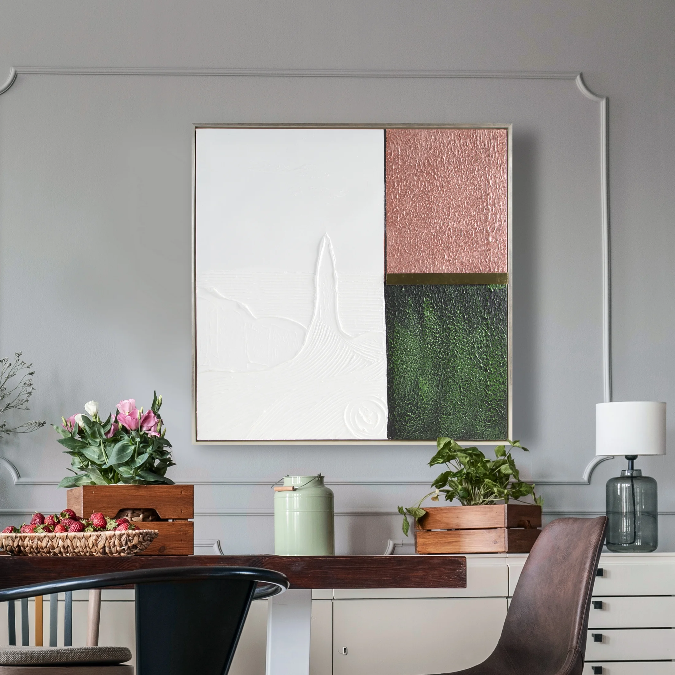 Obraz abstrakcja biało, różowy ręcznie malowany na płótnie kolaż 80x80 cm GEOMETRIC 3